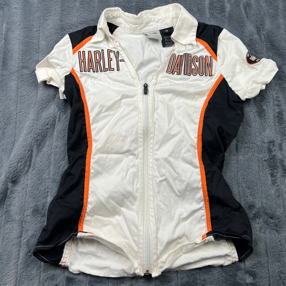 Harley-Davidson Women XS Colorblock Zip Front Short Sleeve Top White Black 13241